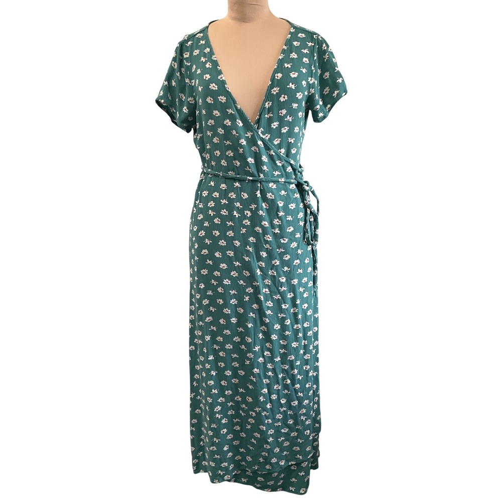 Billabong Floral True Wrap Maxi Dress Flutter Sleeve Tie Waist Green Size L
